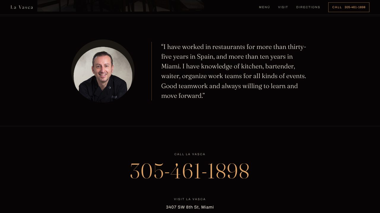 The chef's portrait beside a quote about his years in restaurants in Spain and Miami