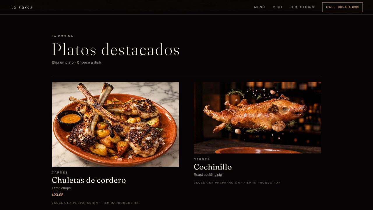 Featured dishes section showing lamb chops and roast suckling pig