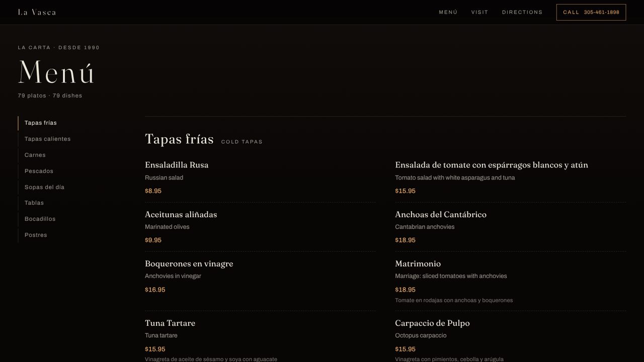 The full menu with section navigation, Spanish names, English translations and prices